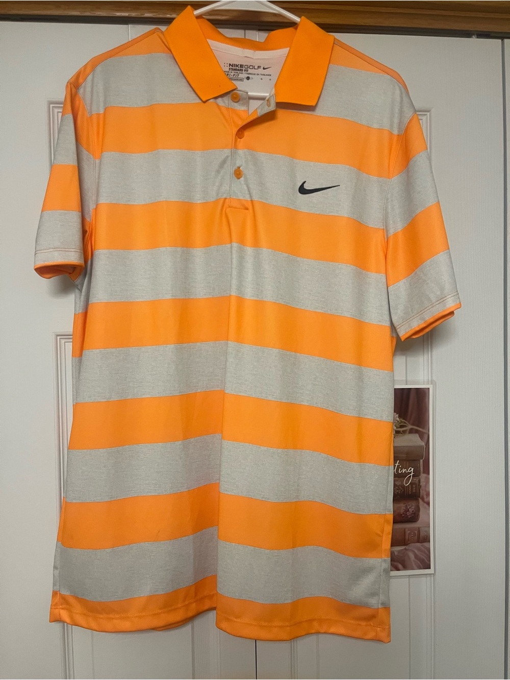 Nike Men’s Orange and Light Gray Striped Polo Shirt, Never Worn